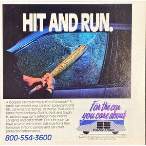 Kimberly-Clark Corp. "Evolution 3 Lockable Car Cover" Vintage Print Ad 1989